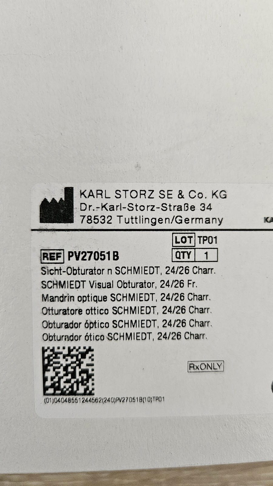 Storz PV27051 B Schmiedt Exam Insert Tube And Visual Obturator 24/26Fr Sheath