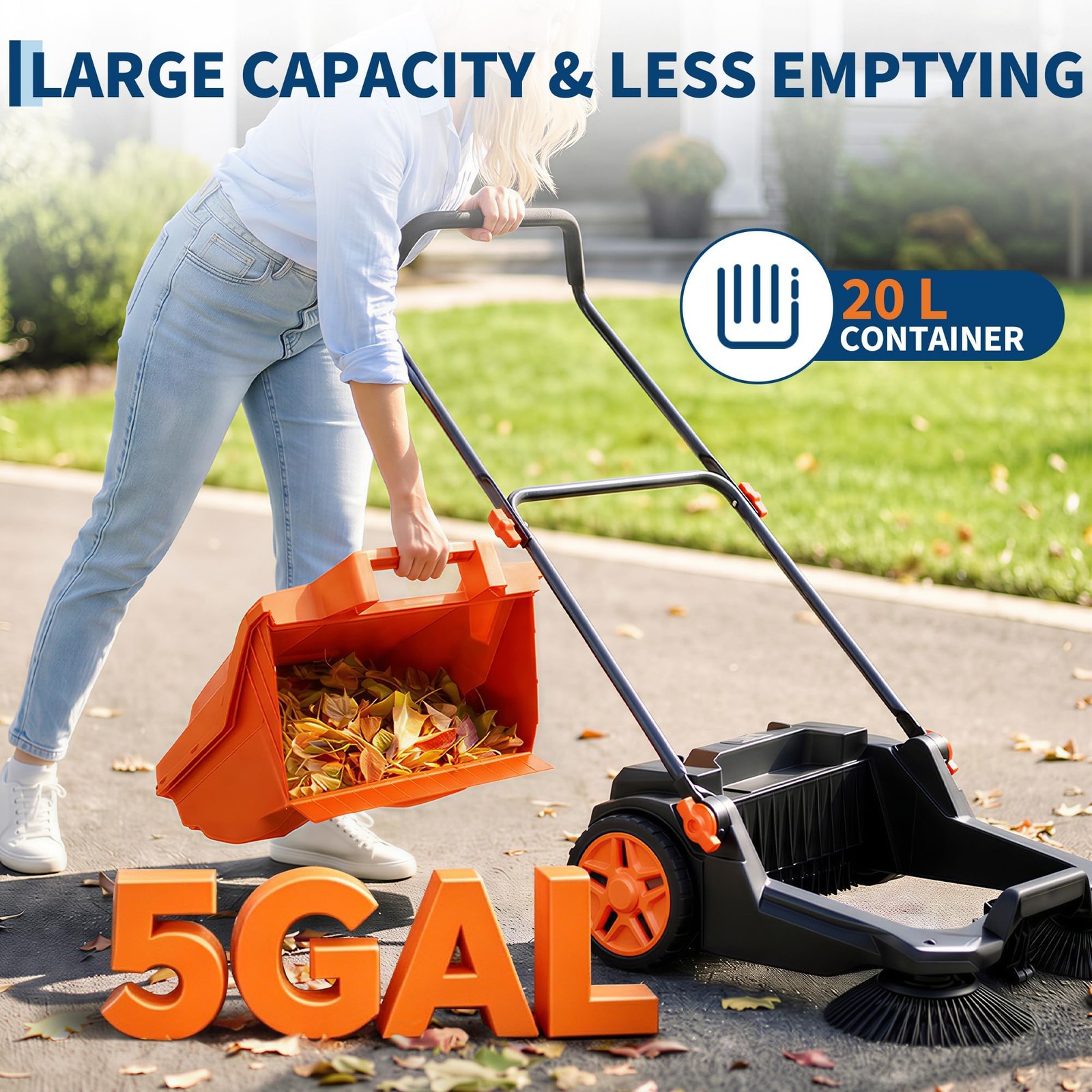 Walk-behind Hand Push Floor Sweeper w/25.6″ Width & 5-Gallon Waste Container