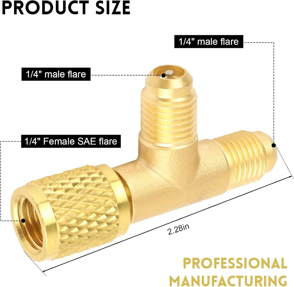 Quick Coupler Access Tee, 1/4 Inch SAE Valves Core Tee Adapter Brass Refrigerant