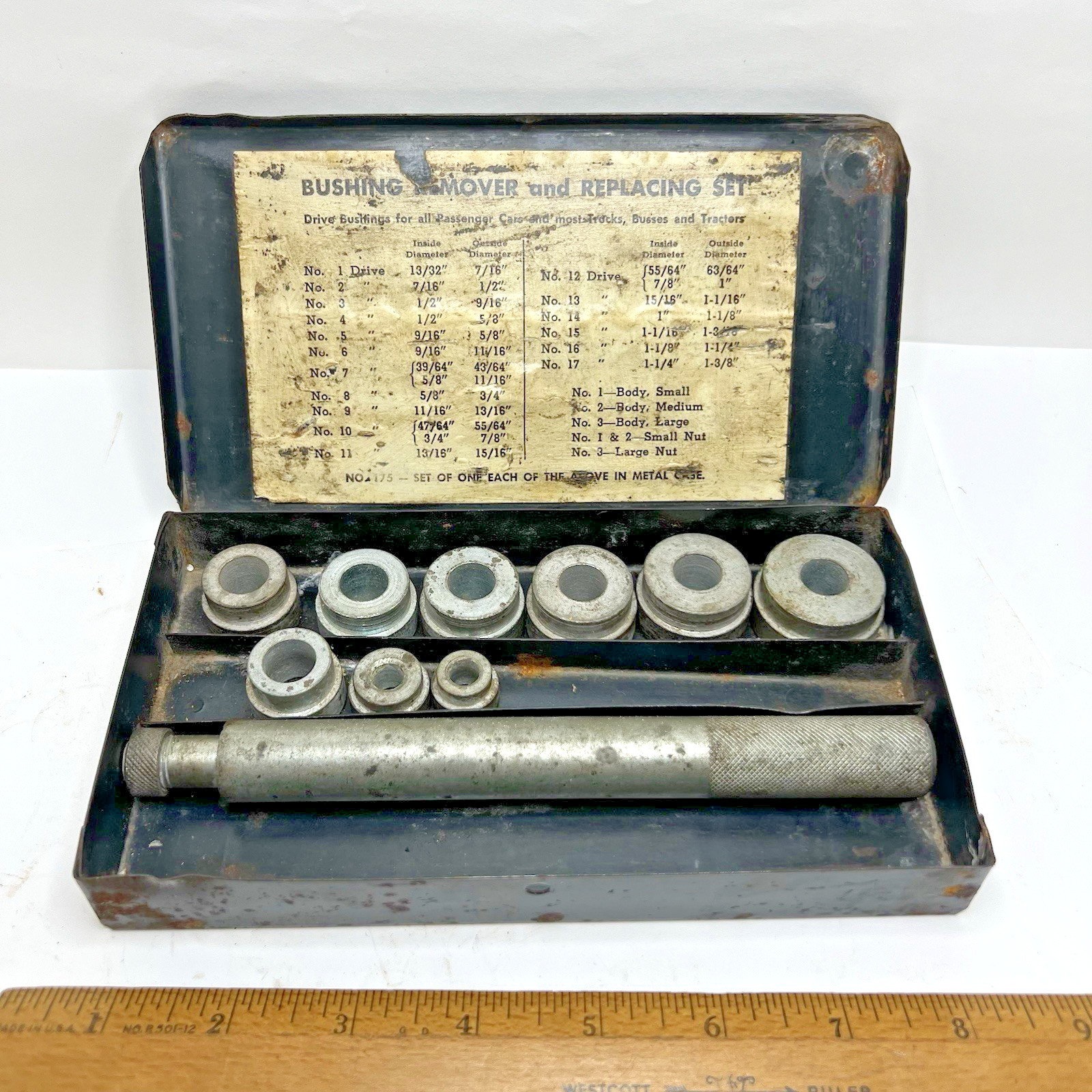Vintage Unbrand No 175 Bushing Remover & Replacement Kit w/Metal Case INCOMPLETE