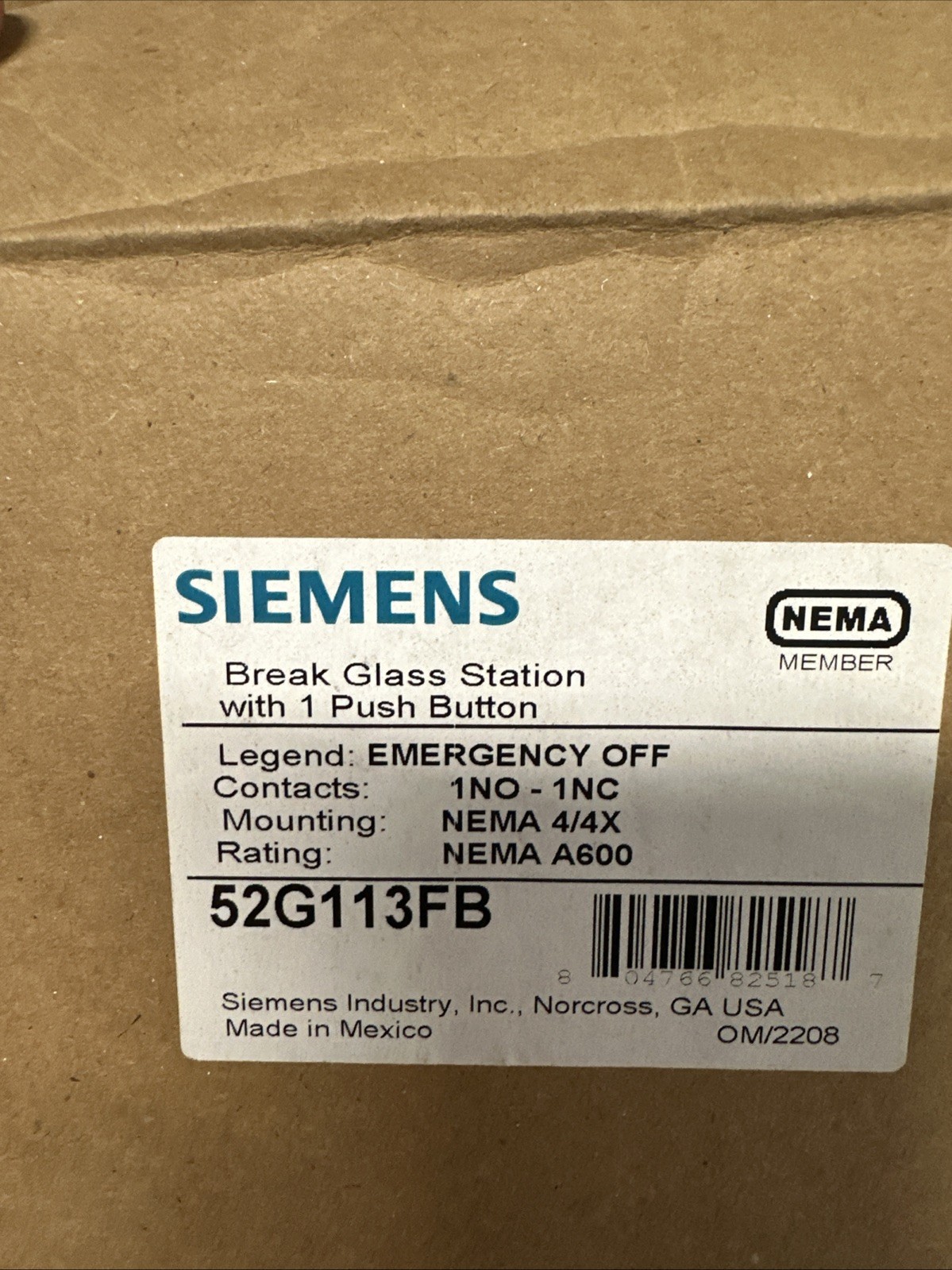 Siemens 52G113FB Break Glass Station With Push Button