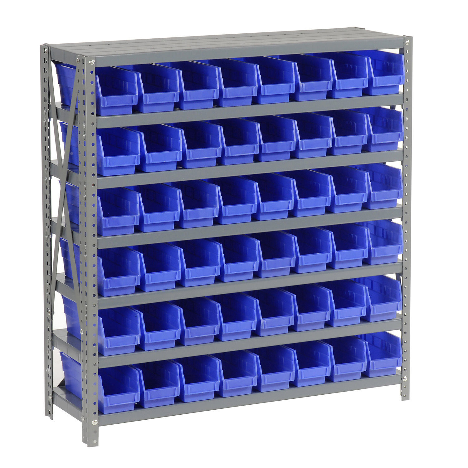 7 Shelf Steel Shelving with (48) 4″H Plastic Shelf Bins Blue 36x12x39