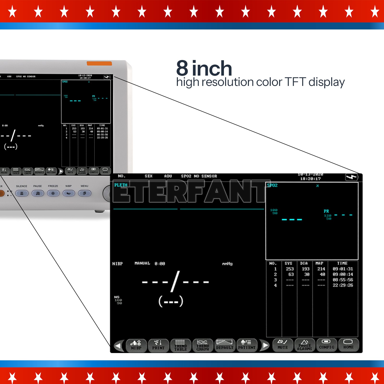 ETERFANT 8″ Patient Monitor ICU CCU Vital Signs Machine NIBP, SPO2, PR,TEMP