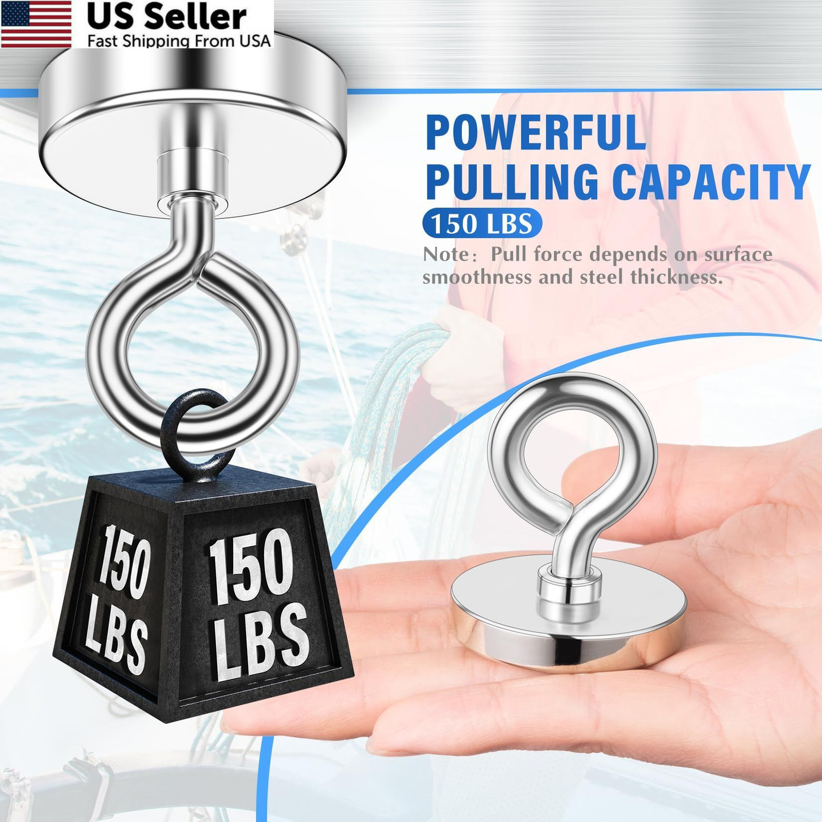 NIUKNOW Neodymium Fishing Magnet, 150 lbs Pulling Force, 1.42 inches, Silver