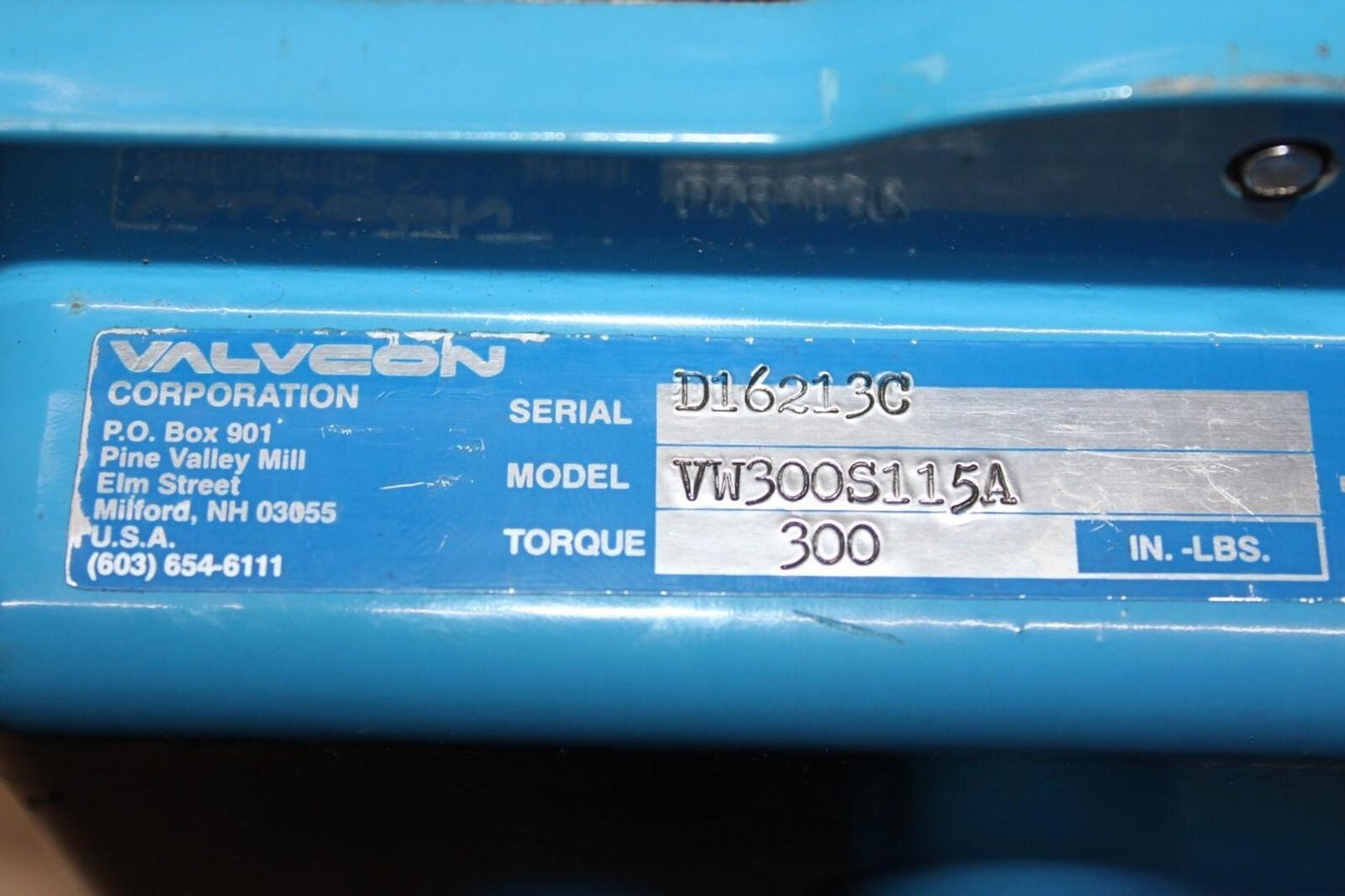 VALVCON ACTUATOR VW300S115A 300 IN-LBS 115 VAC 0.6 AMP 10 SEC CYCLE **WARRANTY**