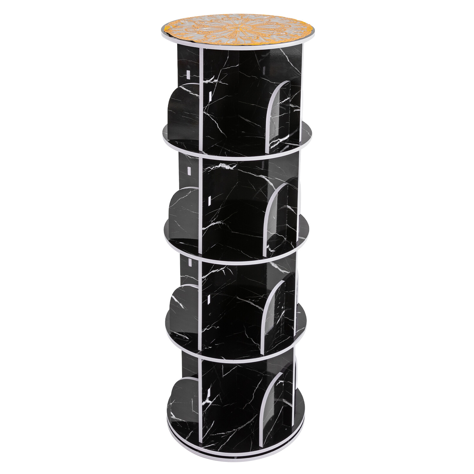 Rotating Display Bookshelf – Black Marble Revolving Storage Rack 4 Tier