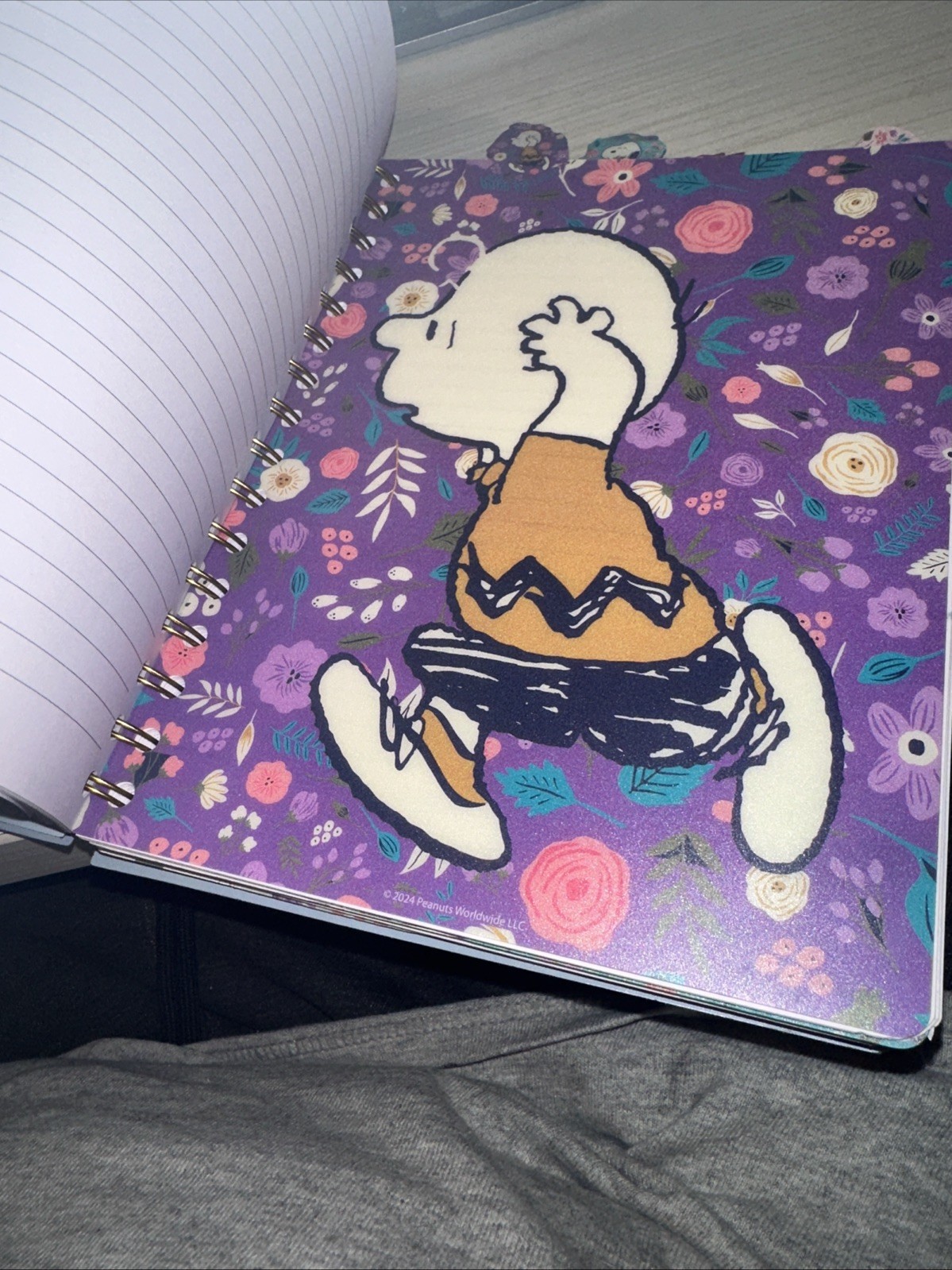 Peanuts Notebook Spiral Journal 8.25″ Snoopy Charlie Brown Purple Flowers w/Div