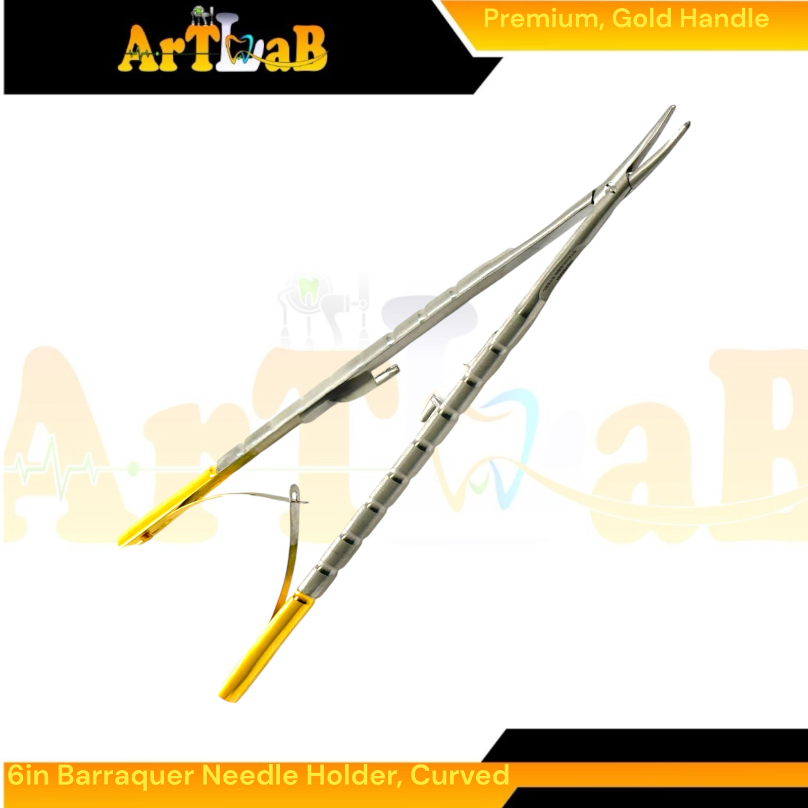 6in Castroviejo-Barraquer Micro Needle Holder, Curved Smooth Tips & Lock Handle