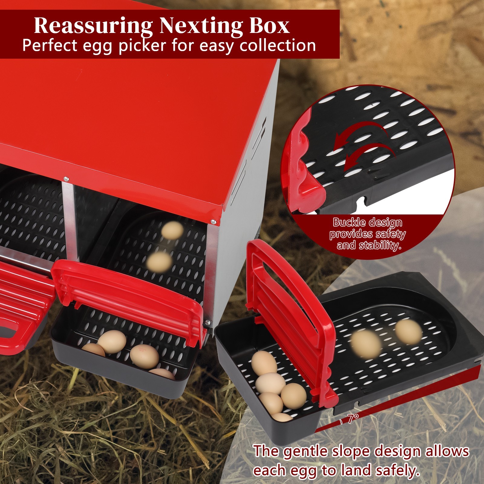3 Compartment Roll Out Chicken Egg Nesting Box w Plastic Basket Laying Hens Coop