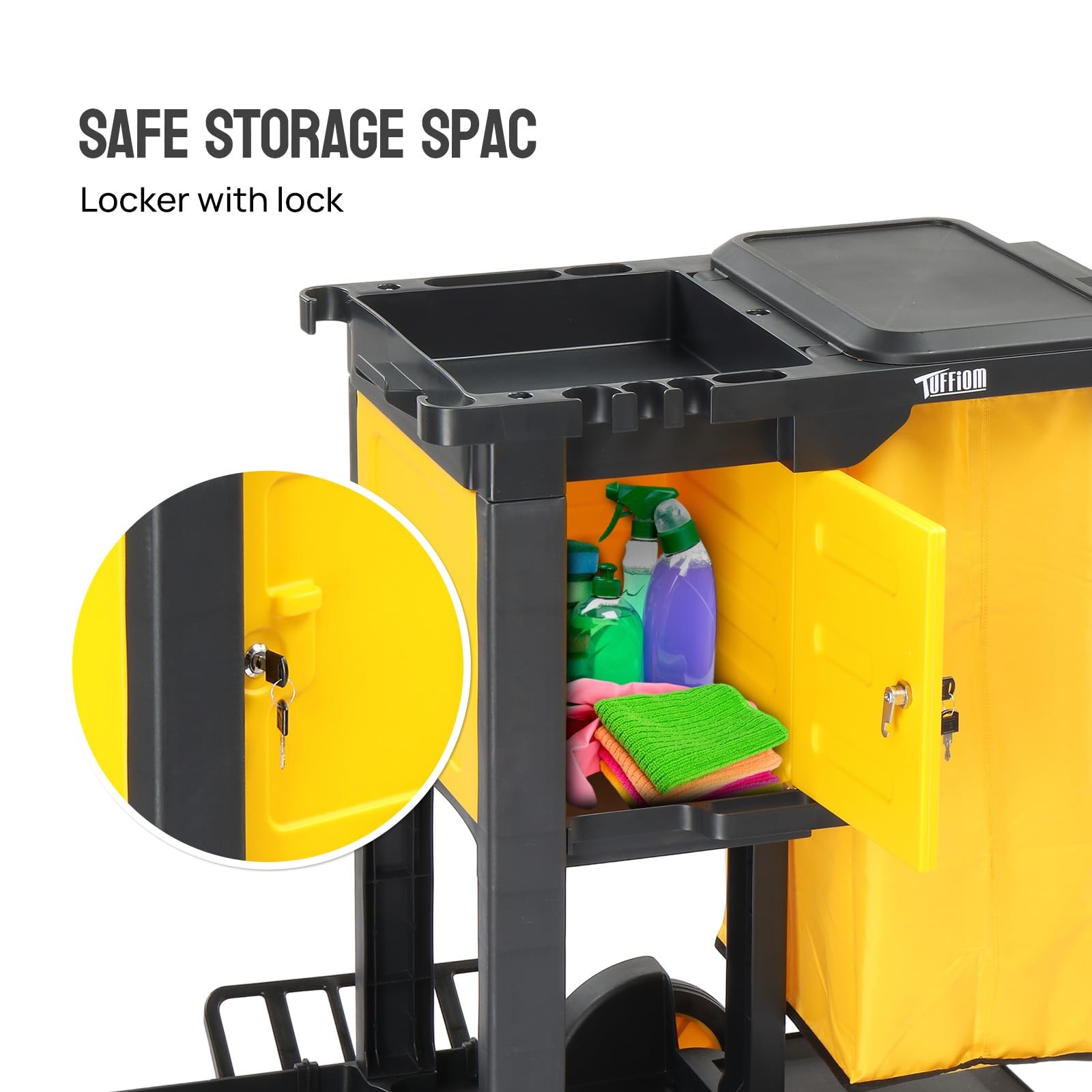 TUFFIOM 3-Shelf Janitorial Cart with Key-Locking Cabinet, Black/Yellow Vinyl Bag