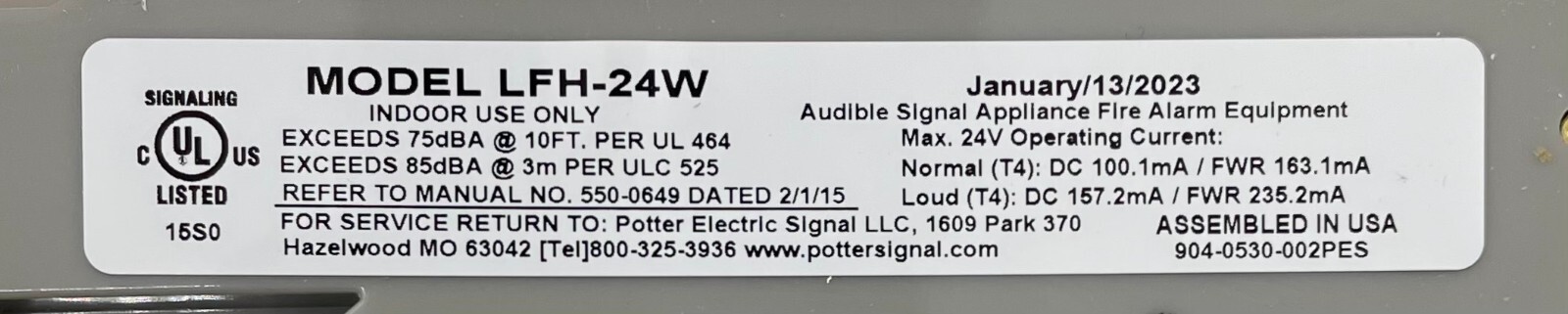 Potter LFH-24W – Same Day Shipping (SEALED)