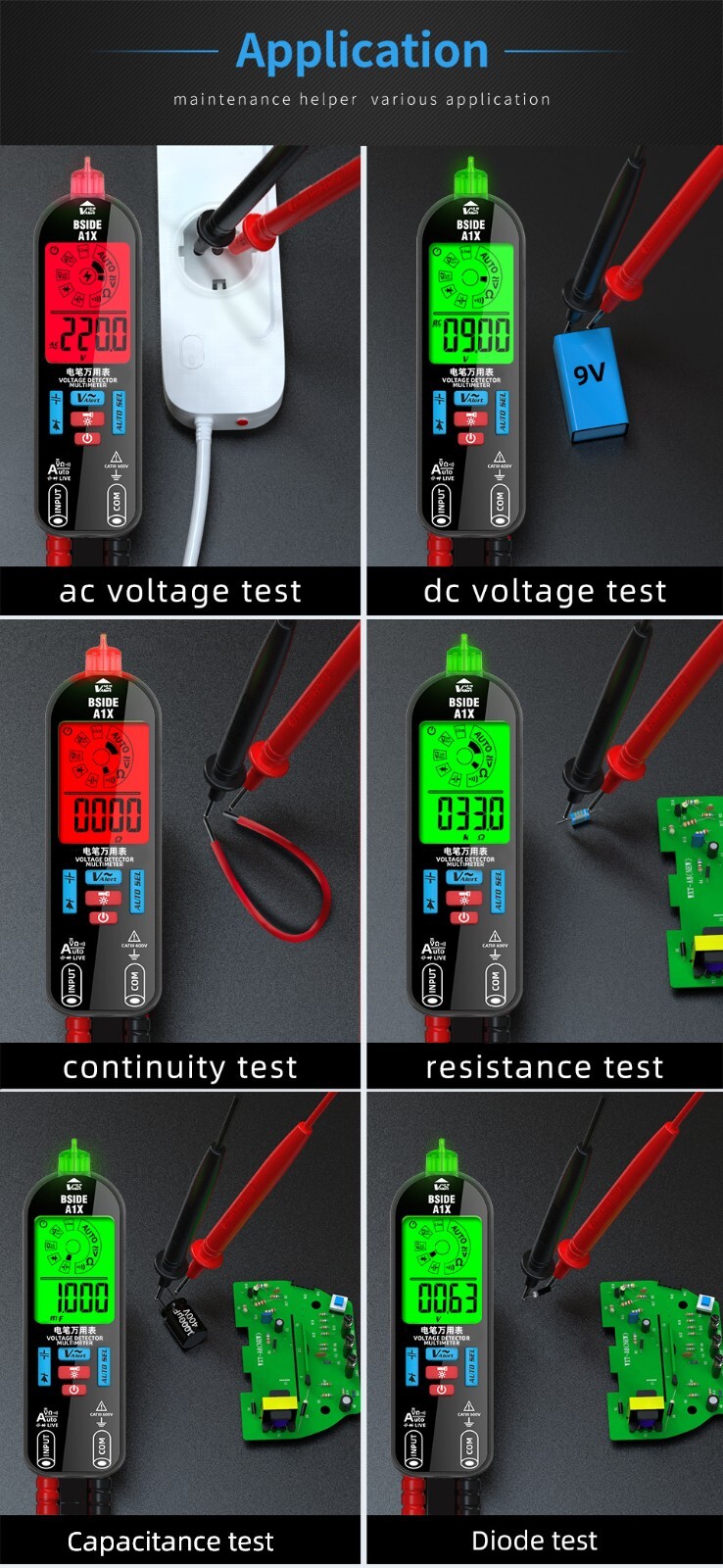 Multimeter AC/DC V Ω F Diode NCV Live Neutral Wire Check Flashlight Li-Battery