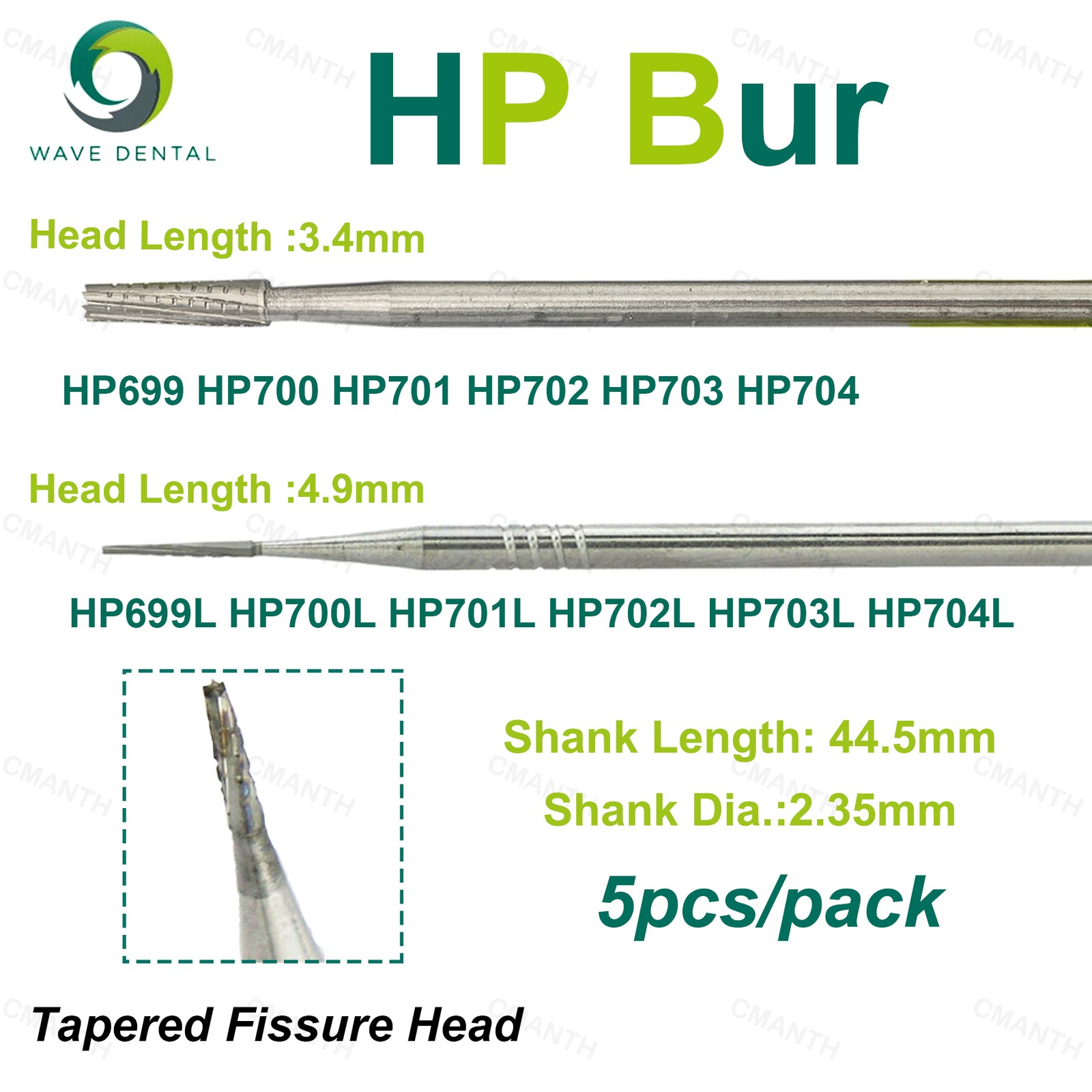 US WAVE Dental Tungsten Carbide Burs Low Speed Bur Tapered Fissure Dia 2.35mm