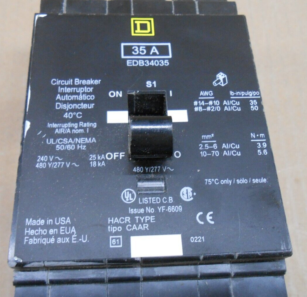 SQUARE D EDB EDB34035 35 AMP CIRCUIT BREAKER 35A 3 POLE 480Y/277V~ (11 AVAIL)