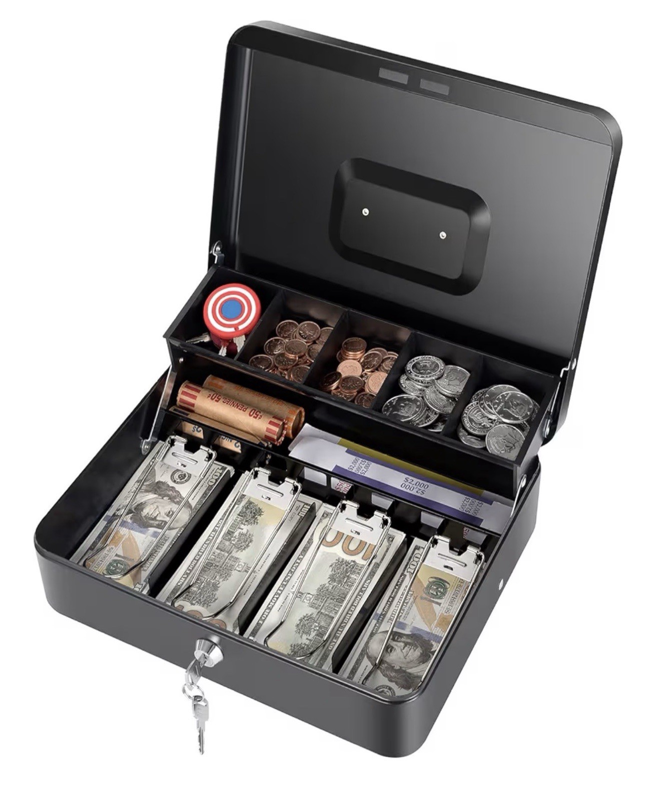 Large Lockable Cash Box with Money Tray & Key, Black, 11.8×9.45×3.54