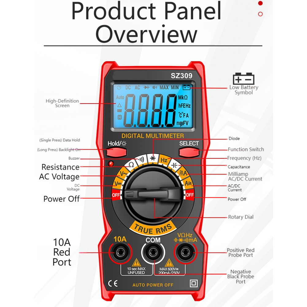 Digital Multimeter with Backlight and Auto Power Off for AC DC Voltage Current