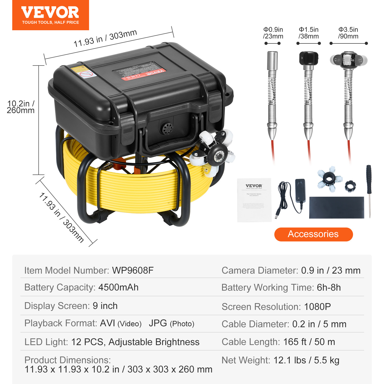 VEVOR Sewer Camera 165ft/50m Self-Leveling Drain Camera with 9″ Screen 36X Zoom