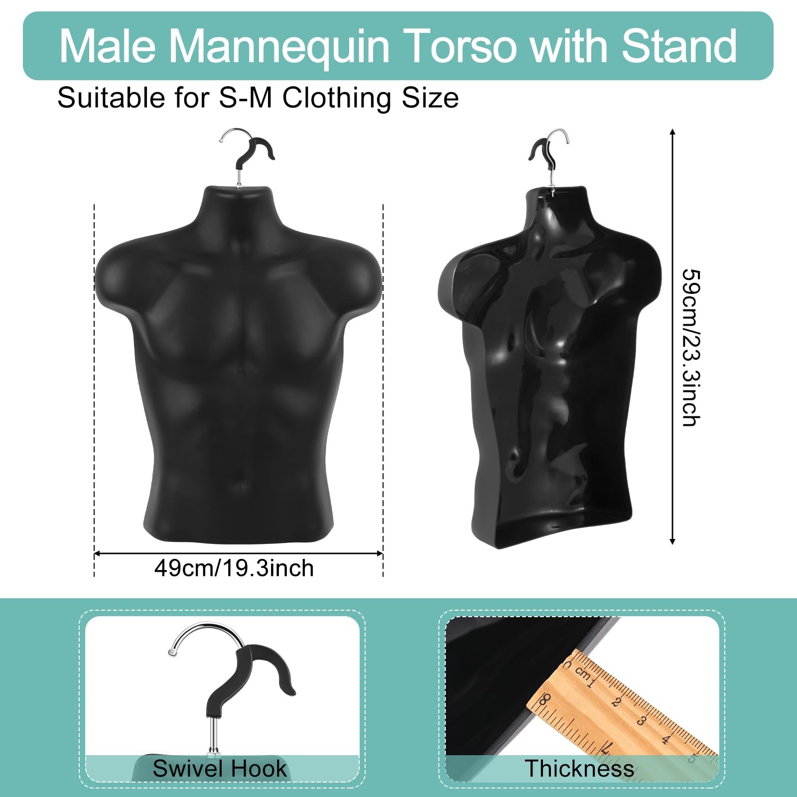 3 Packs Male Mannequin Torso Dress Form Tshirt Display Half Maniquin Body Rounde