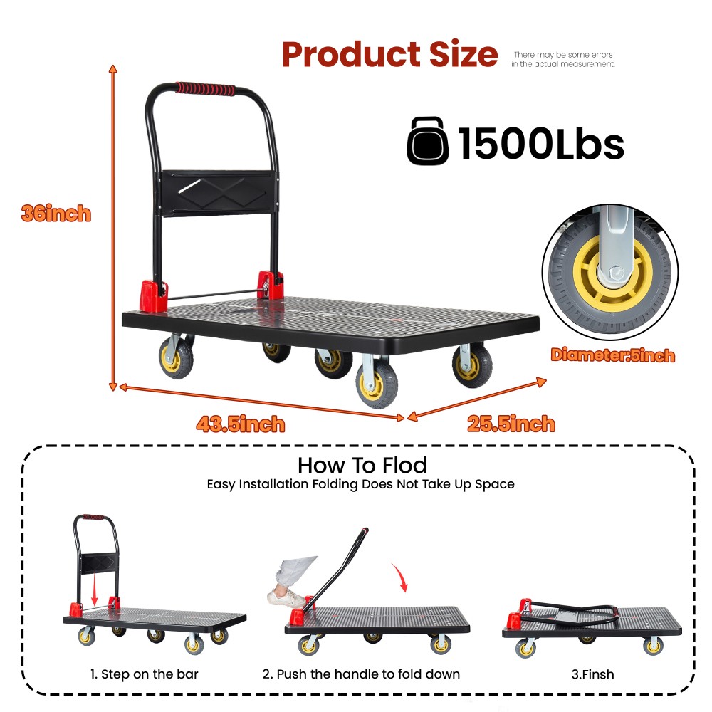 25.5″x43.5″ Foldable Platform Truck 1500LBS 5″ Silent TPR Wheels