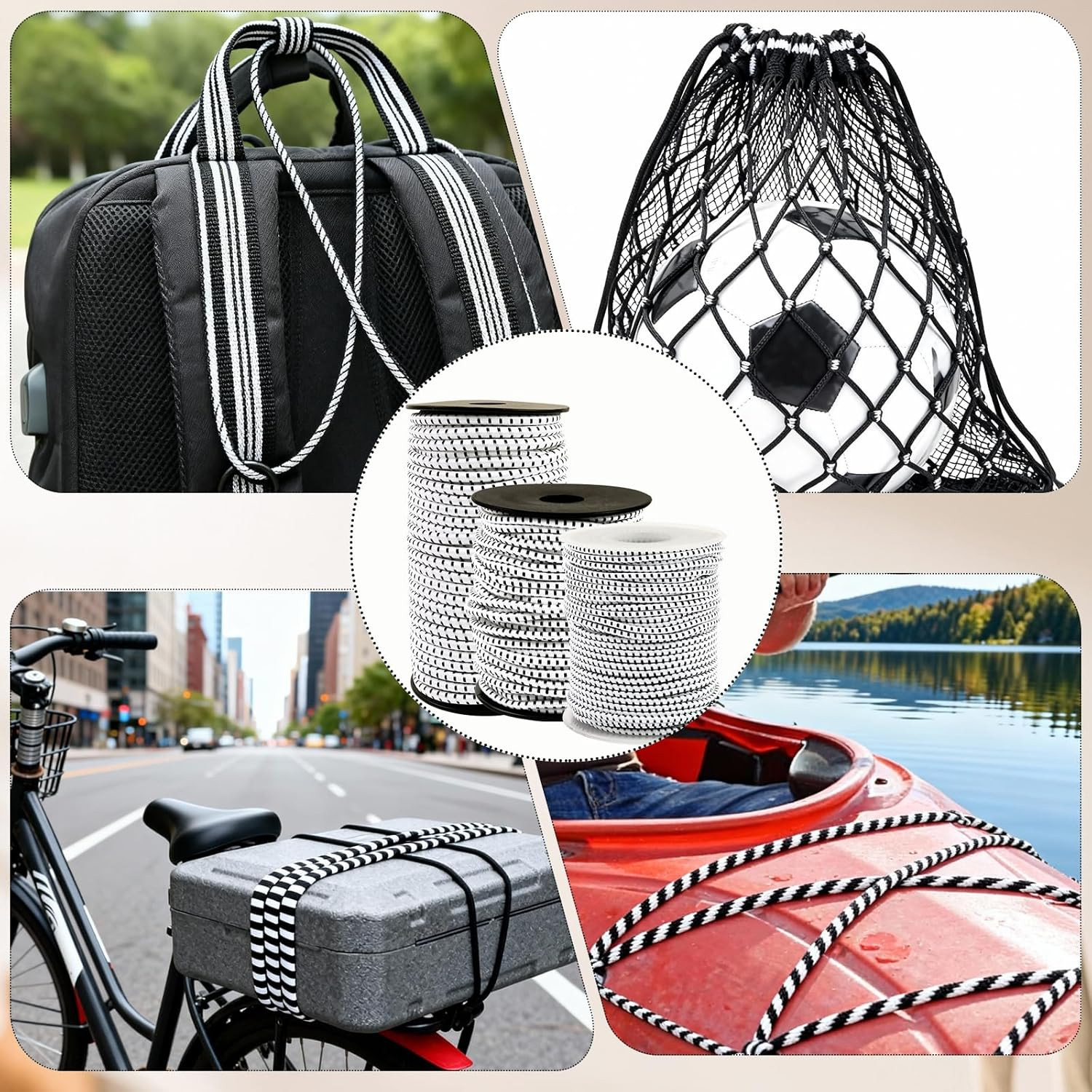 Bungee Cord Roll 1/8 Inch X 100 Feet, White Black Heavy Duty Elastic Shock Cord