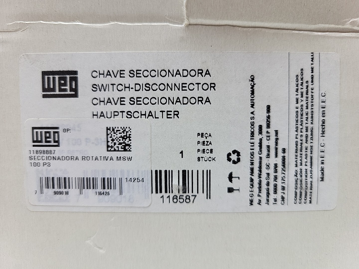 Weg MSW100 Rotarty Switch Disconnector 100A 600V MSW 100 P-3 New
