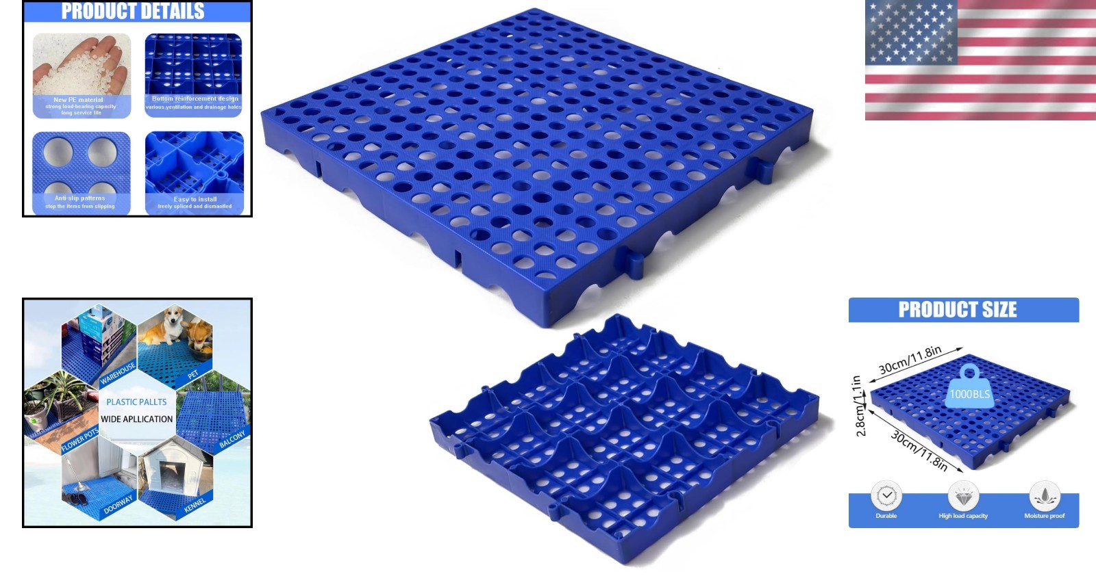 Durable Blue Plastic Storage Pallets for Basement and Garage – 4-Pack, 1000 lbs