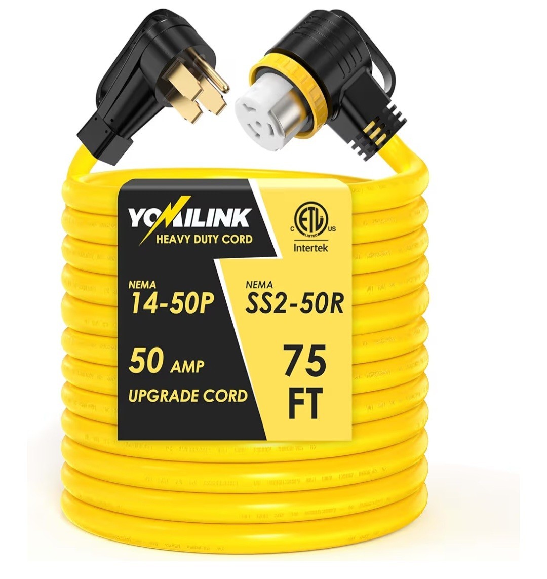 75 Feet 50 Amp RV/Generator Cord, 100% Copper Wire, NEMA 14-50P to SS2-