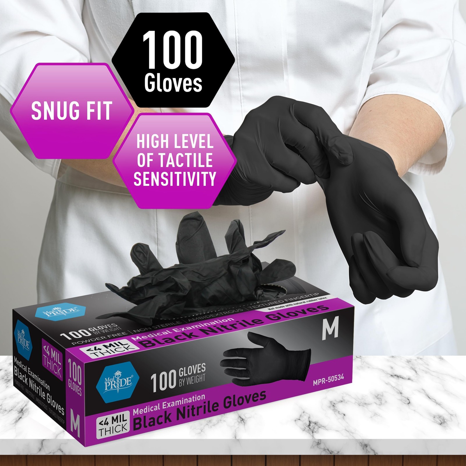 MED PRIDE Black Nitrile Medical Examination Medium (Pack of 100), Box/100
