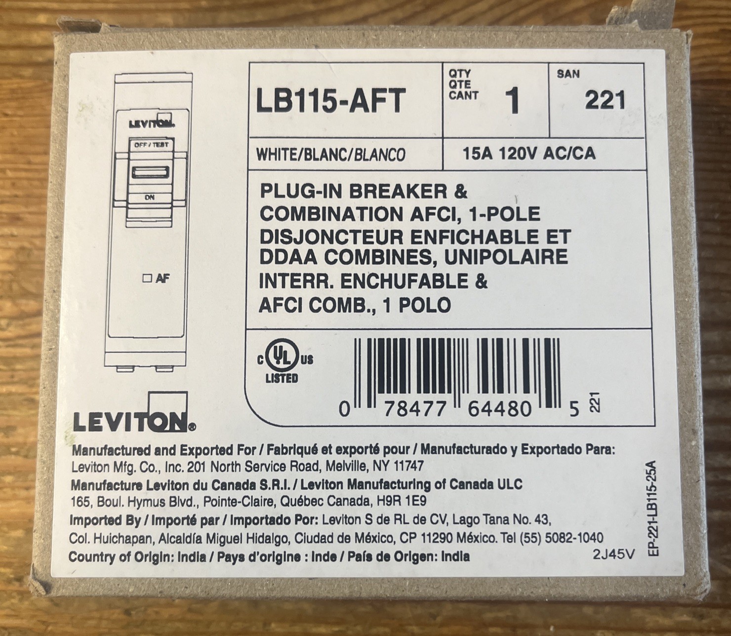 Leviton LB115-AFT 1-Pole Plug-In Circuit Breaker 15A 120V New