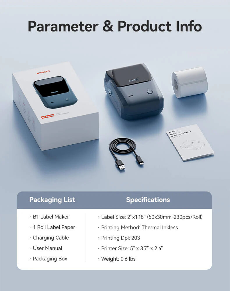 Portable Thermal Label Printer NIIMBOT B1 Bluetooth Barcode Printer 2 inch Label