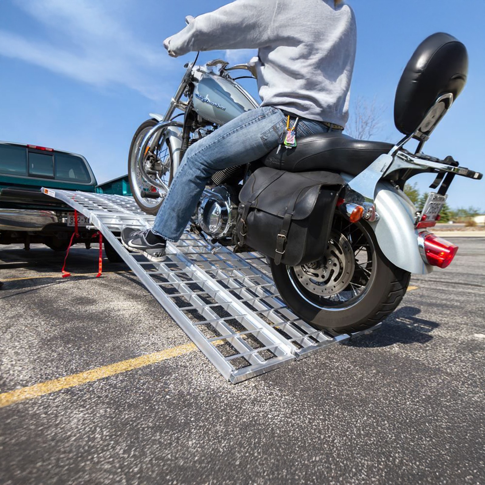 Black Widow 10′ Folding Motorcycle Ramp for Pickup Truck, Arched 3 Pieces Silver
