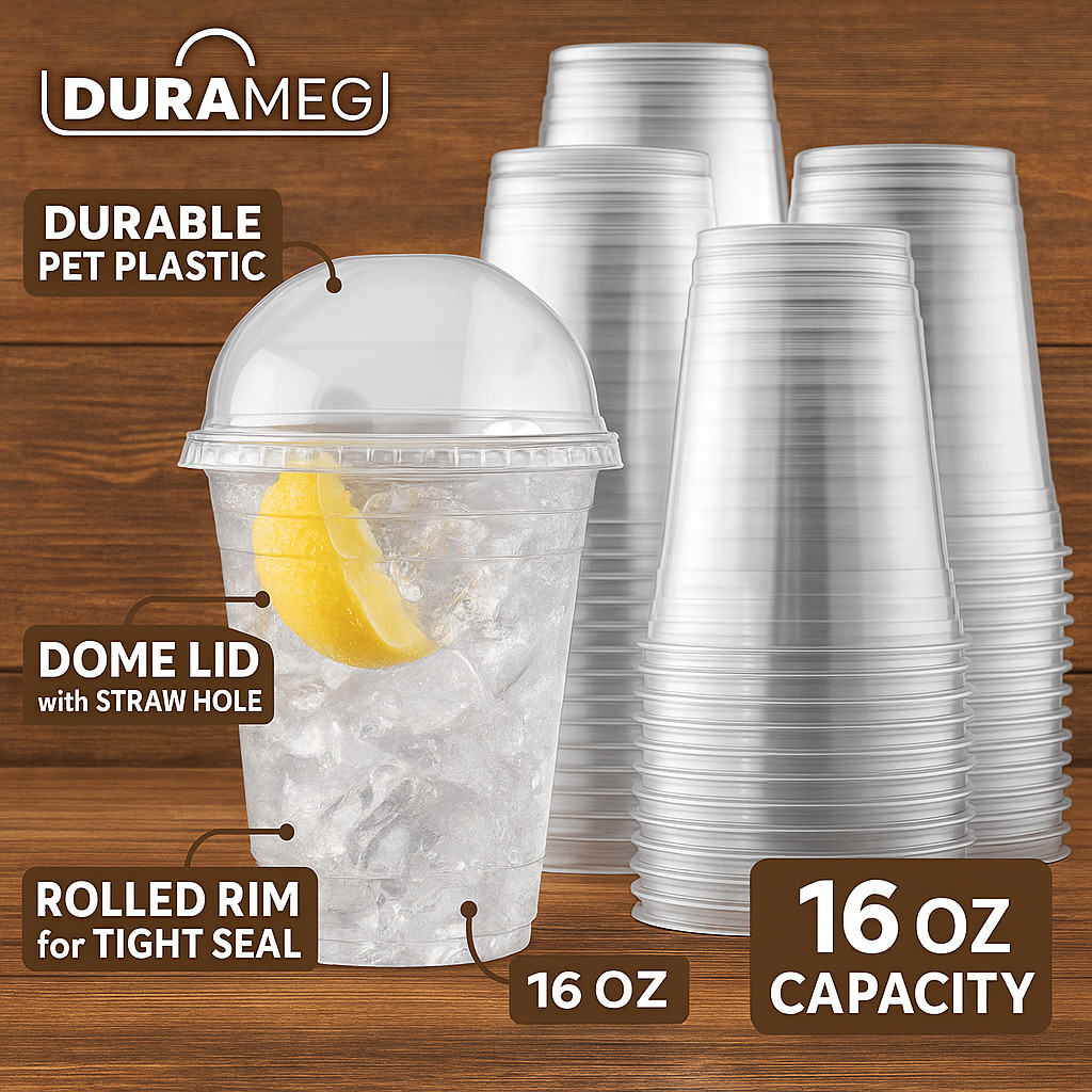 100 Clear 16 oz PET Cups with Dome Lids – Disposable for Smoothies & Treats