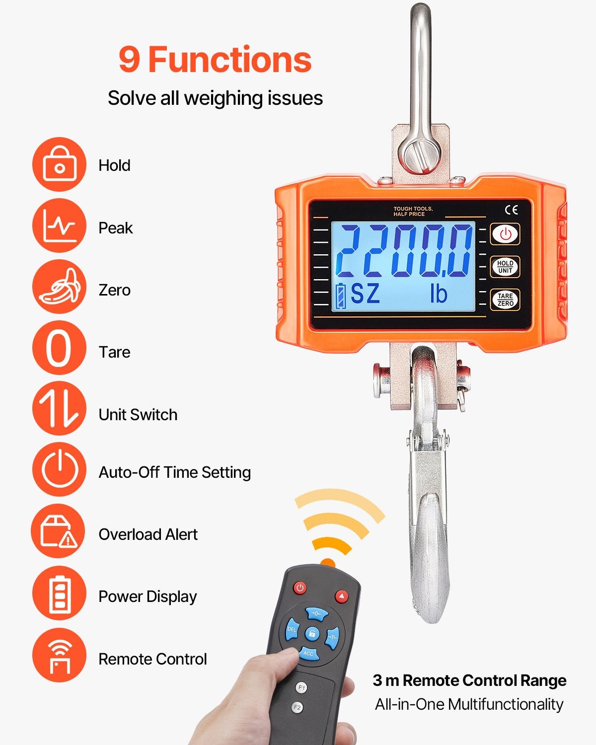 2200 lbs/ 1000 kg Digital Crane Scale with Remote, Heavy Duty Hanging Scale