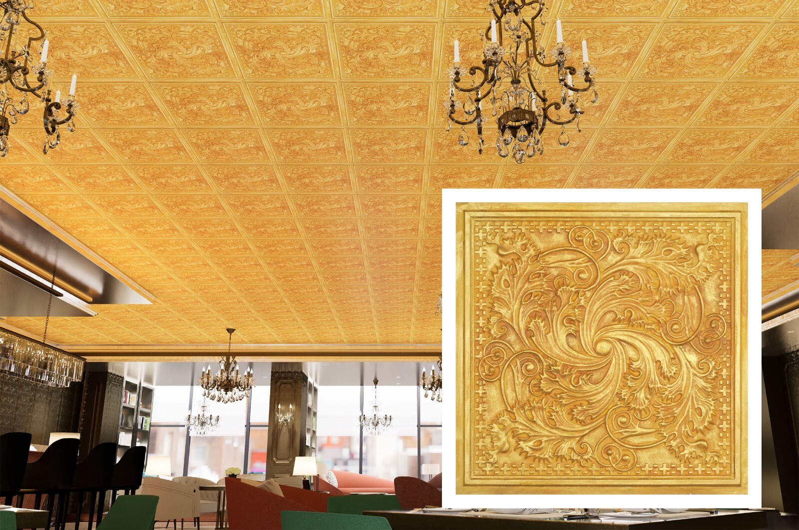 Artistic 3D Ceiling Tile Embossed Interior Wall Panel PL62 golden 10pcs/lot