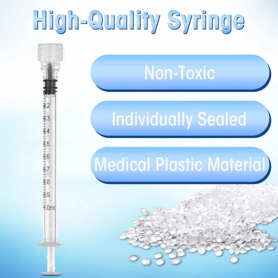 100 Pack Bag 1ml/cc Luer Lock Syringe with Caps, Plastic 1 mL, clear