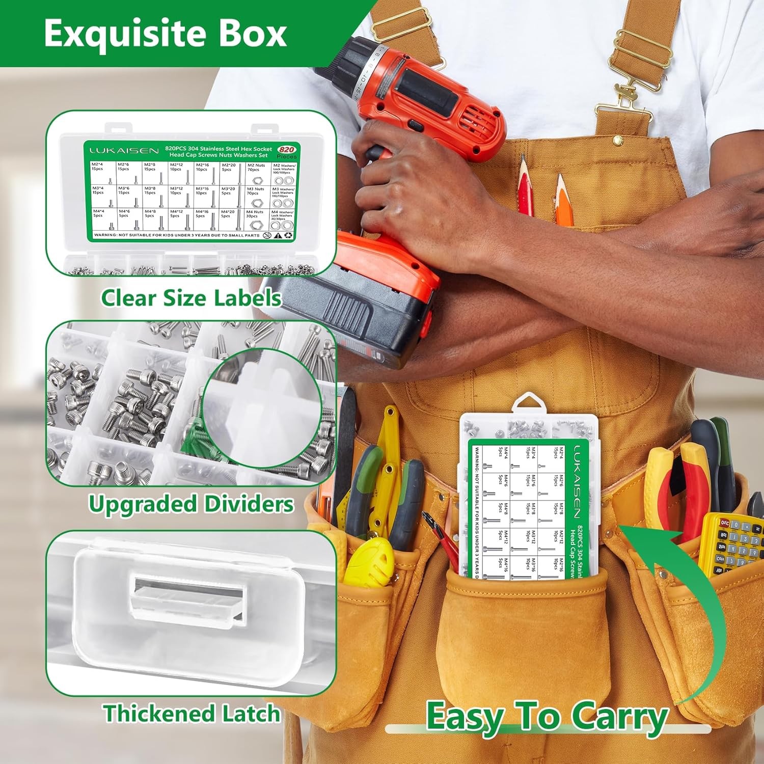 820PCS M2 M3 M4 Screws Nuts Set Stainless Steel Hex Bolt Assortment Kit w/Wrench
