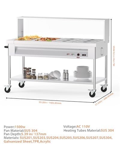 96QT Steam Table 12x8QT Electric Commercial Food Warmer 12 Pan with Wheel 1500W