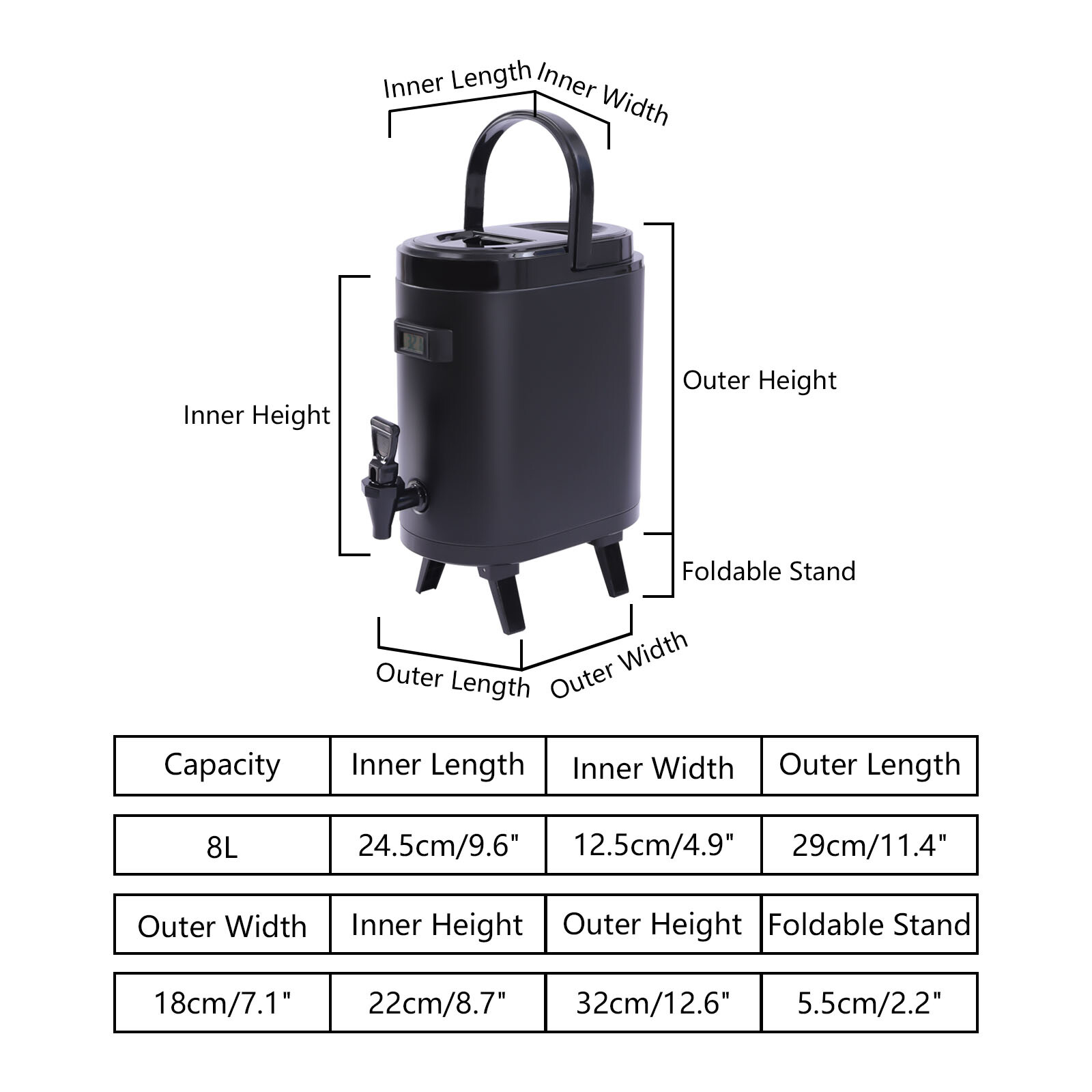 11.42*7.09*12.6in 2.11Gal Black Oval Insulated Beverage Dispenser W/ Thermometer