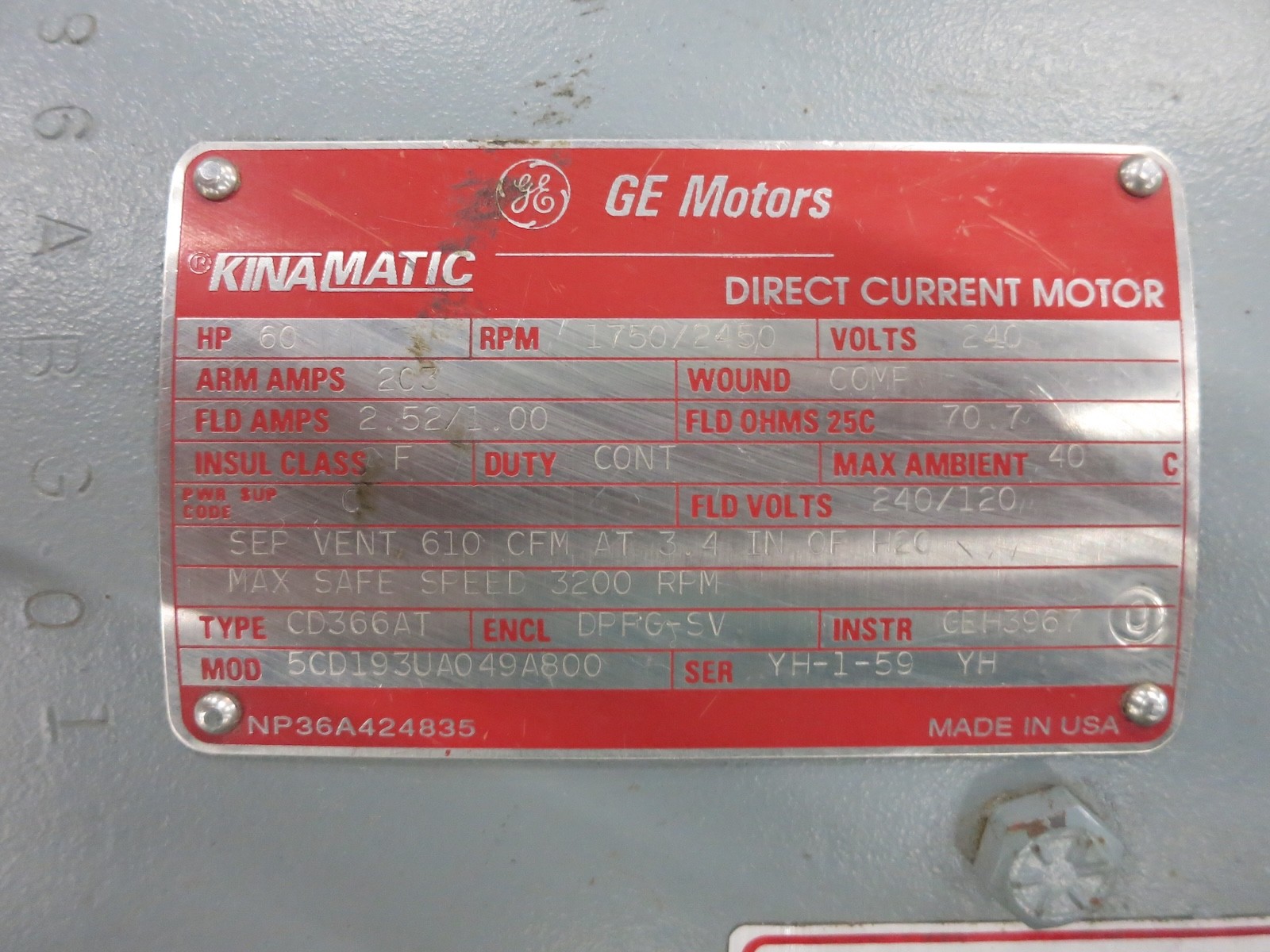 REBUILT GE 60 HP DC Motor CD366AT SPFG-SV 240V 1750/2450 RPM 240 VDC Kinamatic
