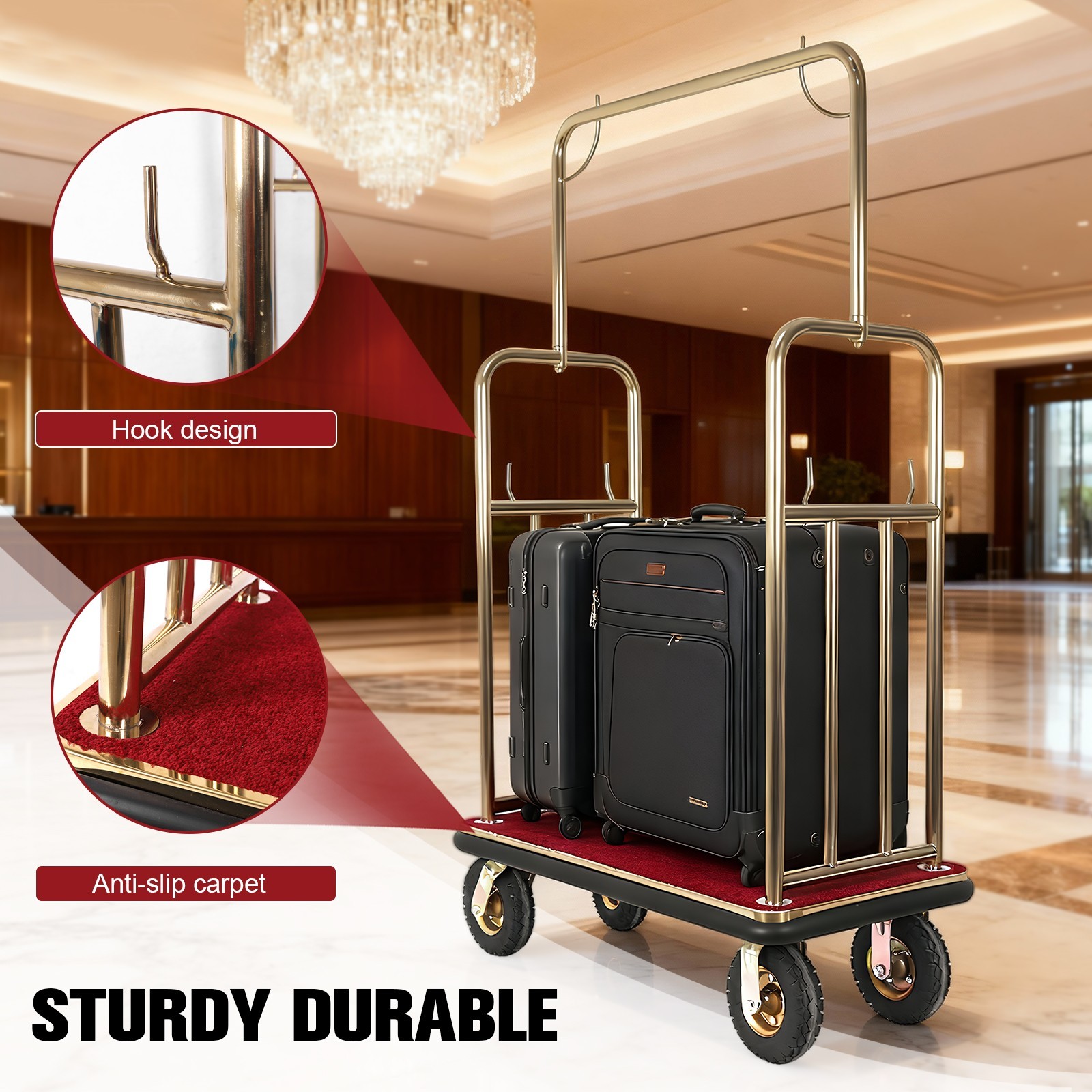 Hotel Luggage Cart 1200 lbs Capacity Stainless Steel Bellman Cart with 8″ Wheels