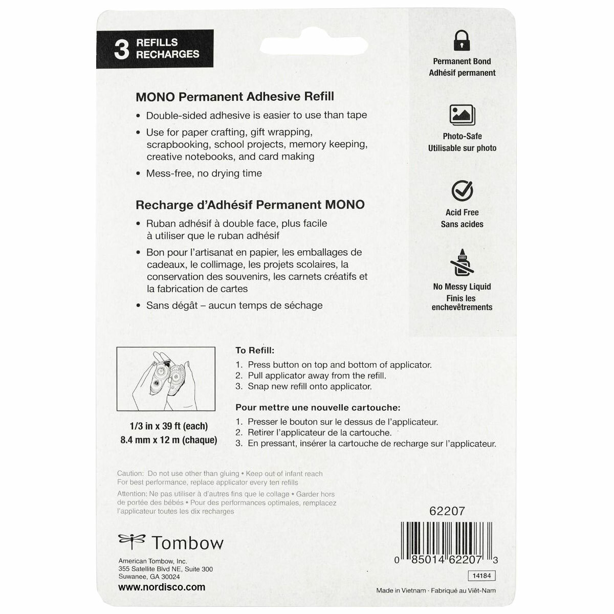 Tombow Mono Permanent Adhesive Refill 62207, 1/3″ x 39′, 3 Packs of 3 Refills