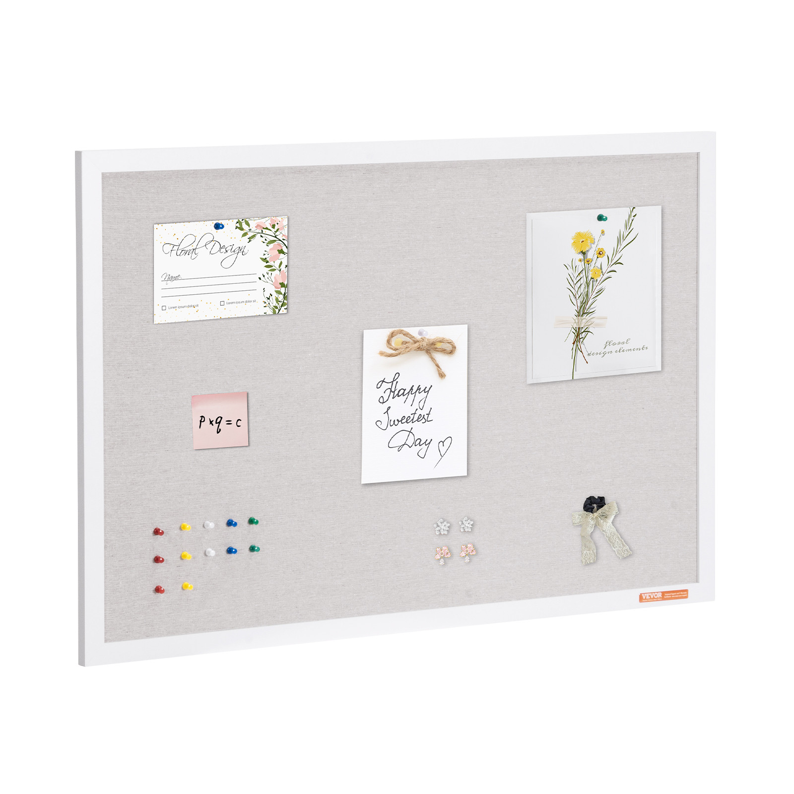 VEVOR 36″x24″ White Cork Board with Linen Surface Wall-Mounted Bulletin Board