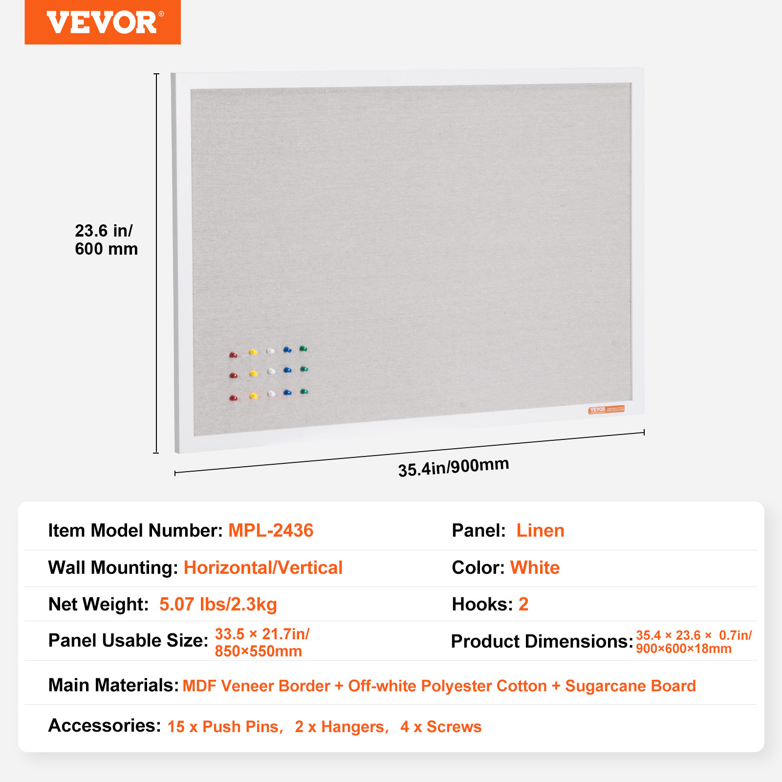 VEVOR 36″x24″ White Cork Board with Linen Surface Wall-Mounted Bulletin Board
