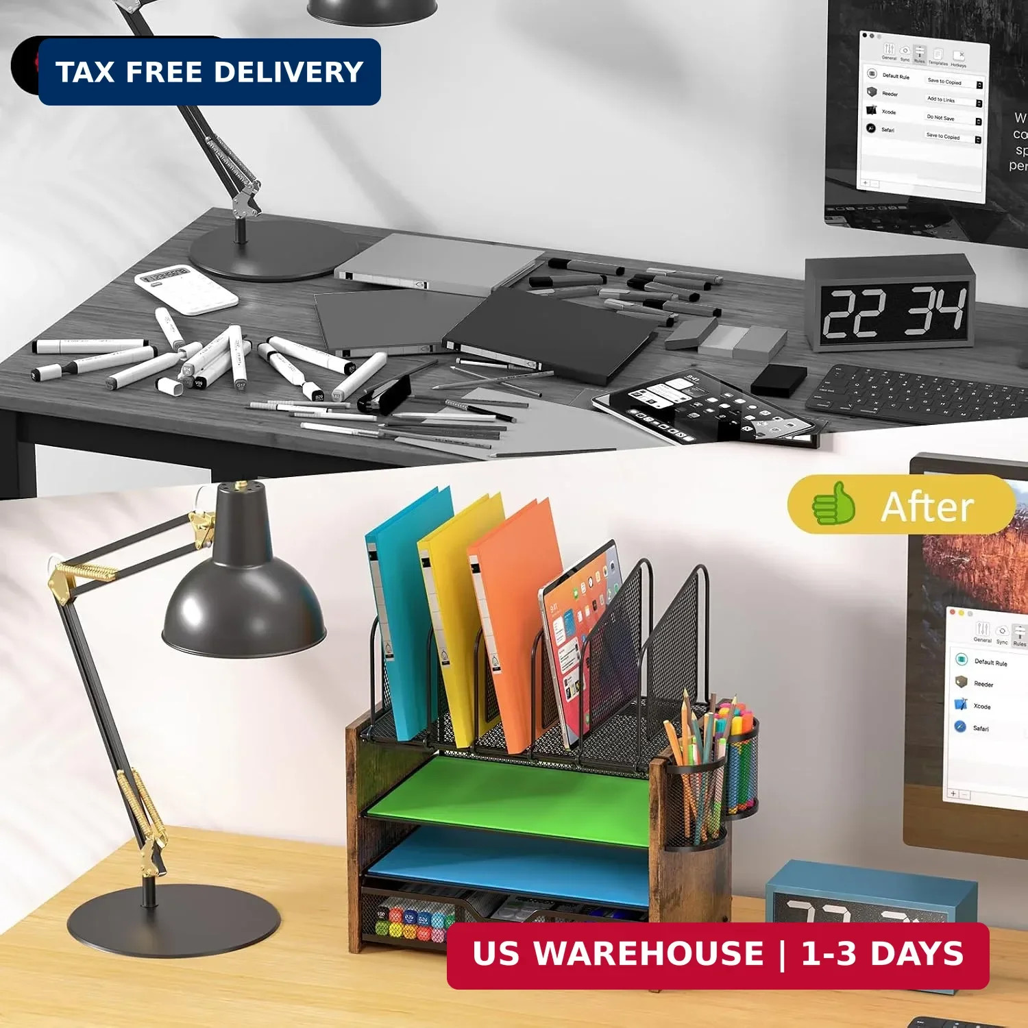 4-Tier Mesh Desk Organizer, Wooden Desk File Organizer with 5 Vertical File Hold