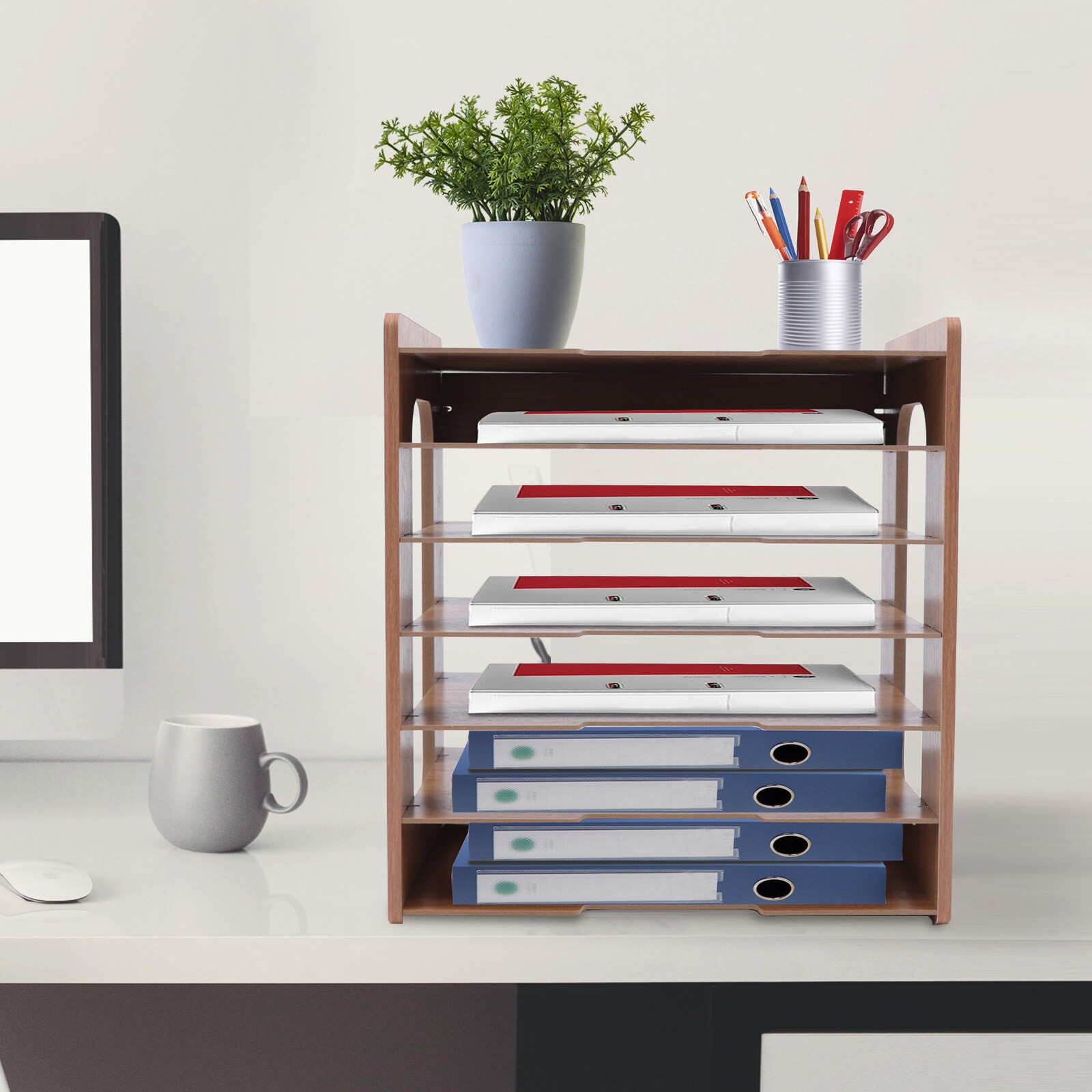 7 Tier Wood Desktop Paper Organizer File Document Storage Shelf for Home Office