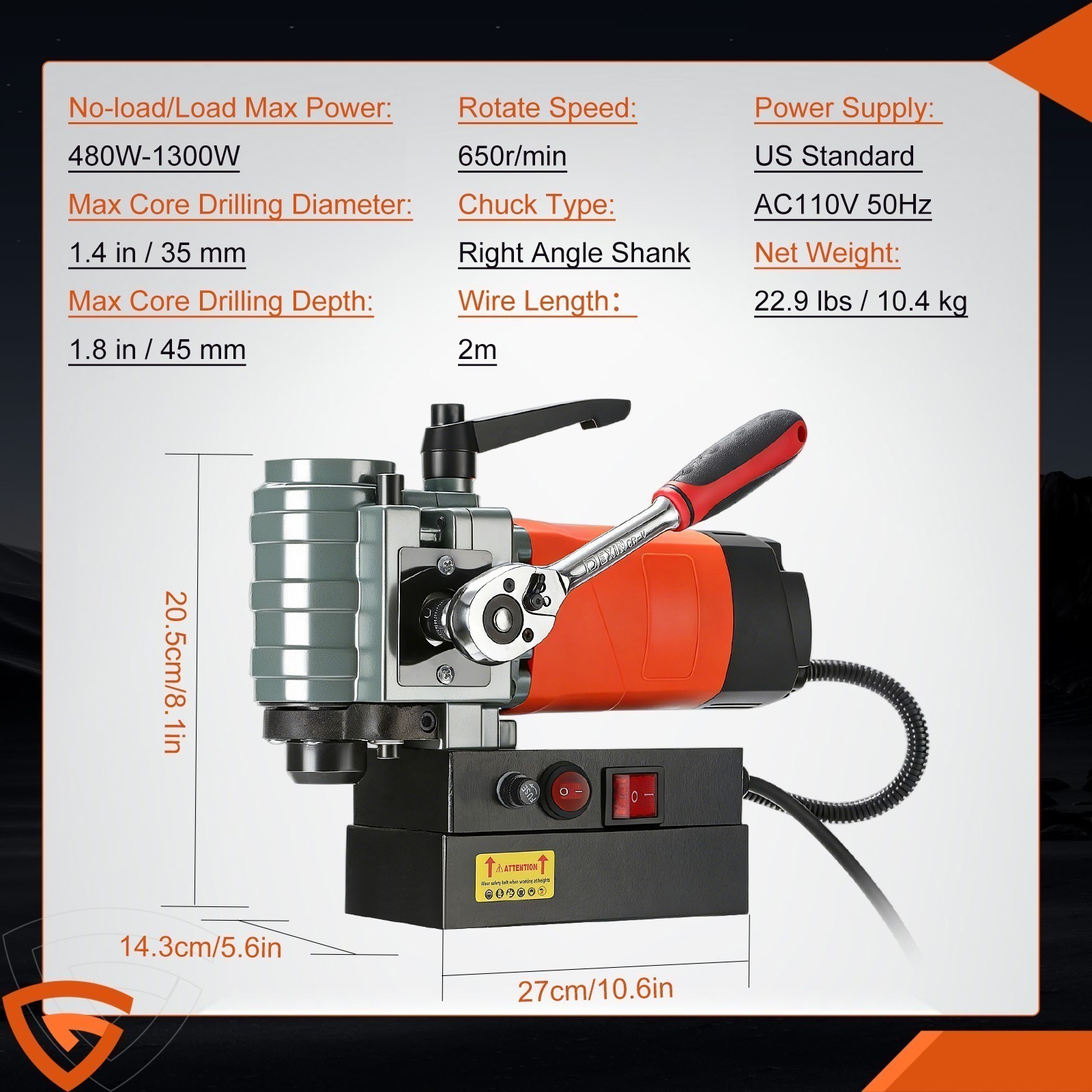 1300W Low Profile Mag Drill Light Weight Portable Magnetic Drill Press GEARZAAR