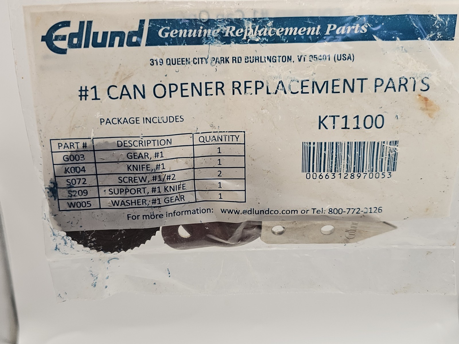 Edlund KT1100 #1 Can Opener Replacement Parts Kit Genuine OEM Gear Knife NEW