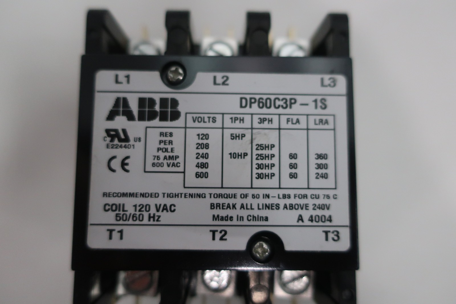 Abb DP60C3P-1S Definite Purpose Ac Contactor 30hp 75a 120v-ac