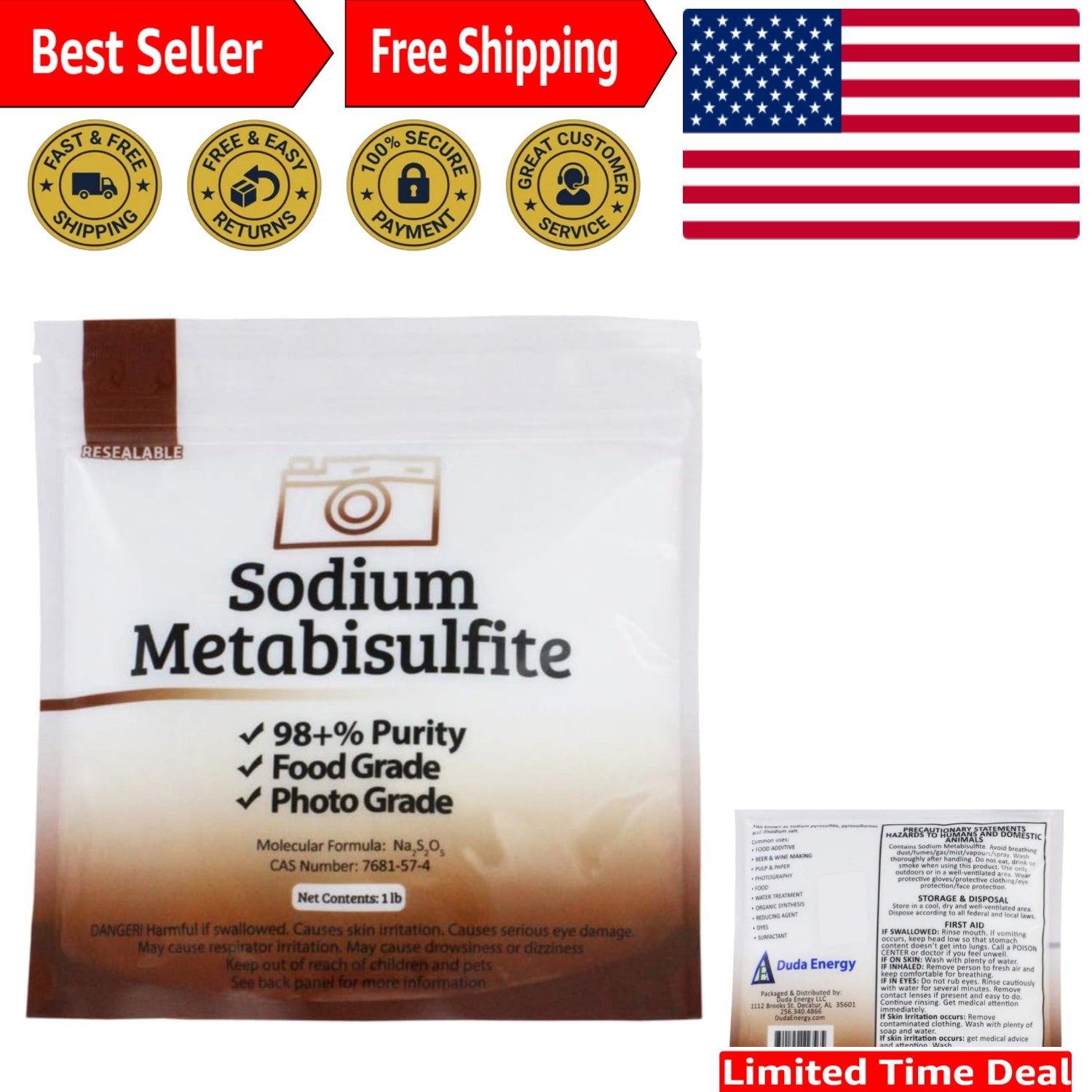 Sodium Metabisulfite Food Grade/Photo Grade 98.6+% Purity White Granular Soli…