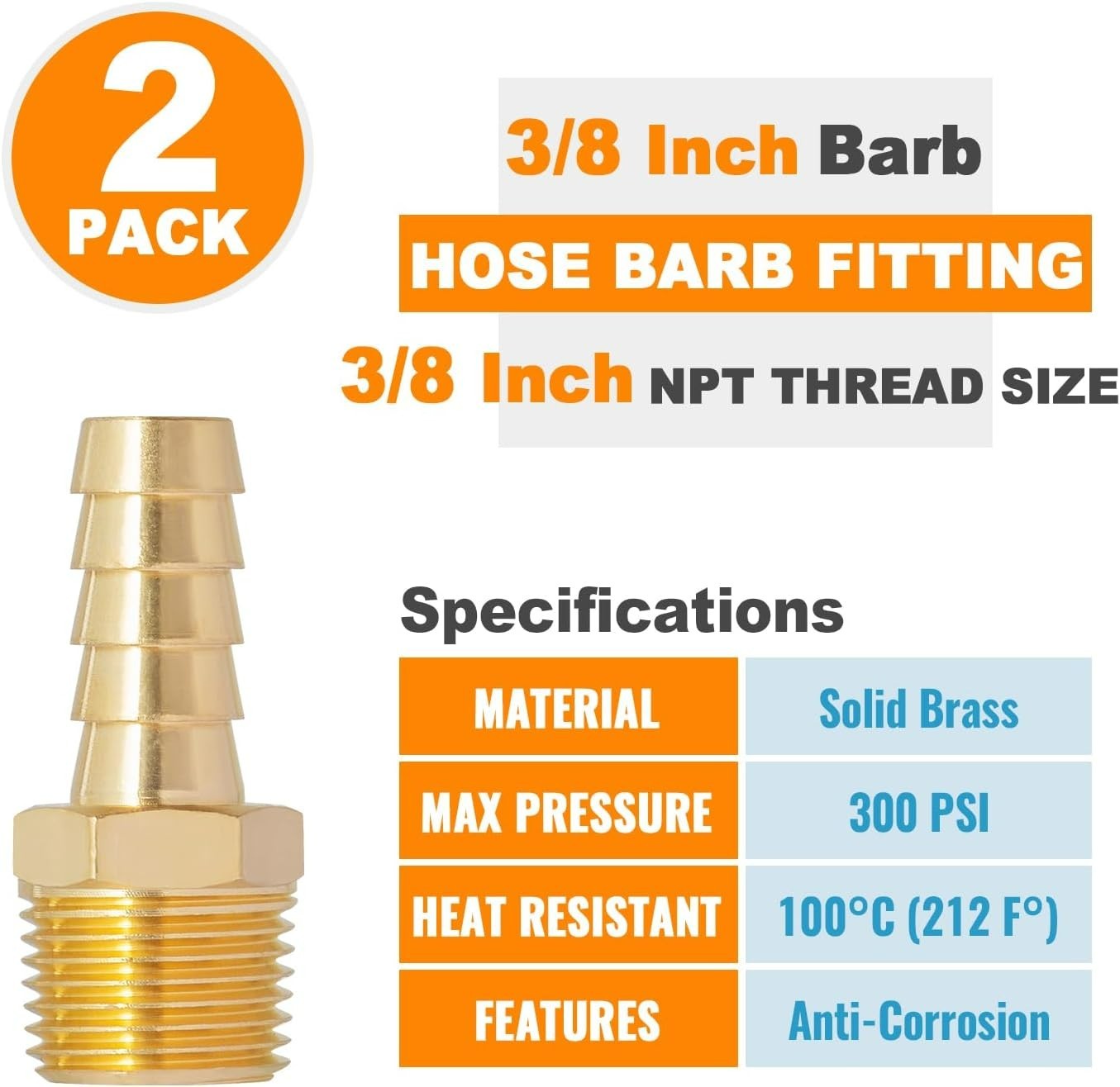 3/8» NPT Brass Hose Barb Fittings, 3/8» NPT Male Thread to 3/8 Inch Barbed …